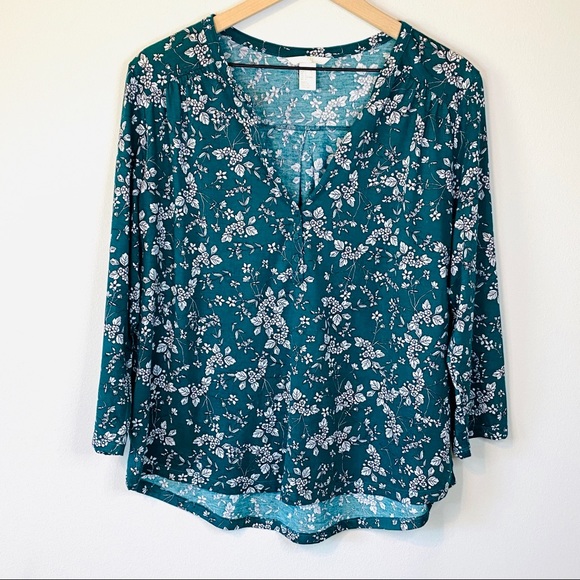 H&M Tops - H&M Green Floral Cotton Blouse 3/4 sleeves size L